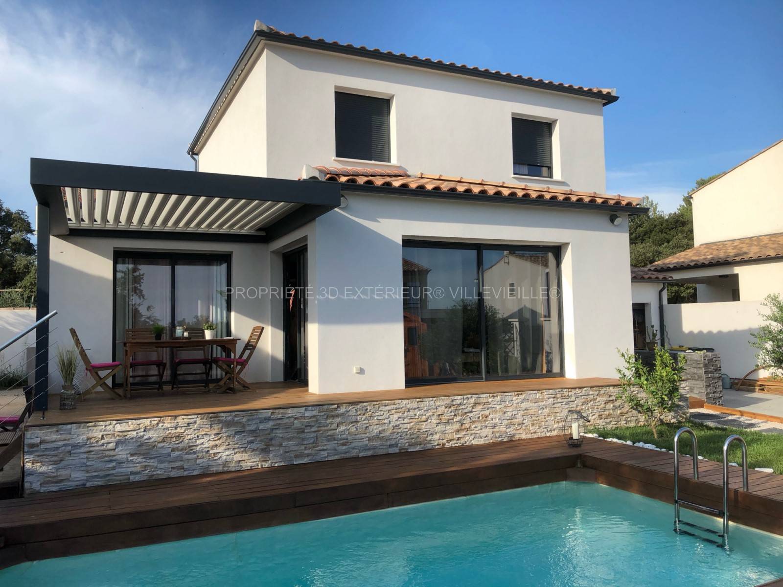 Pergola sur mesure de couleur tendance gris anthracite à Aigues Vives dans le Gard proche de l'Hérault