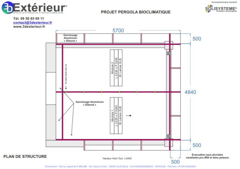 Plan d'une pergola à lames orientables sur mesure 5X6 installée sur une terrasse en hauteur à Alès dans le 30