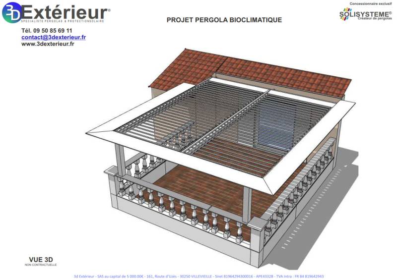 Image 3D d'un projet de pergola bioclimatique sur mesure 5X6 pour un solarium à Alès dans le Gard