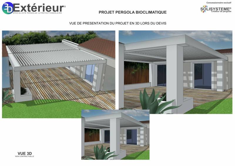 Vue 3D d'un projet de pergola conçue et fabriquée sur mesure pose adossée à Alès dans le Gard