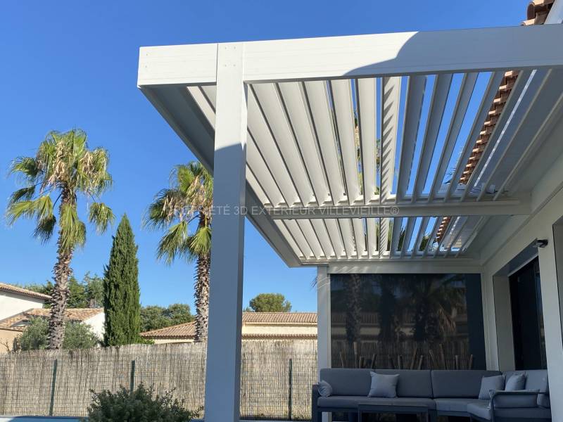 Pergola bioclimatique épurée avec stores zip et éclairage led  dans la commune de Villevieille dans le Gard