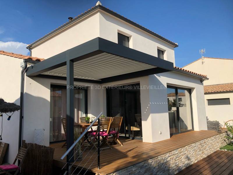 Pergola évolutive en aluminium couleur gris anthracite sur Aigues Vives (Gard) frontière de l'Hérault(34)