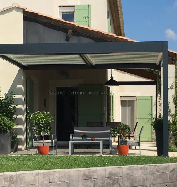 Extension de votre intérieur avec une pergola conception à Aujergues près  de couleur gris anthracite (Ral 7016) sur la commune d'Aujargues près de Villevieille dans le Gard 