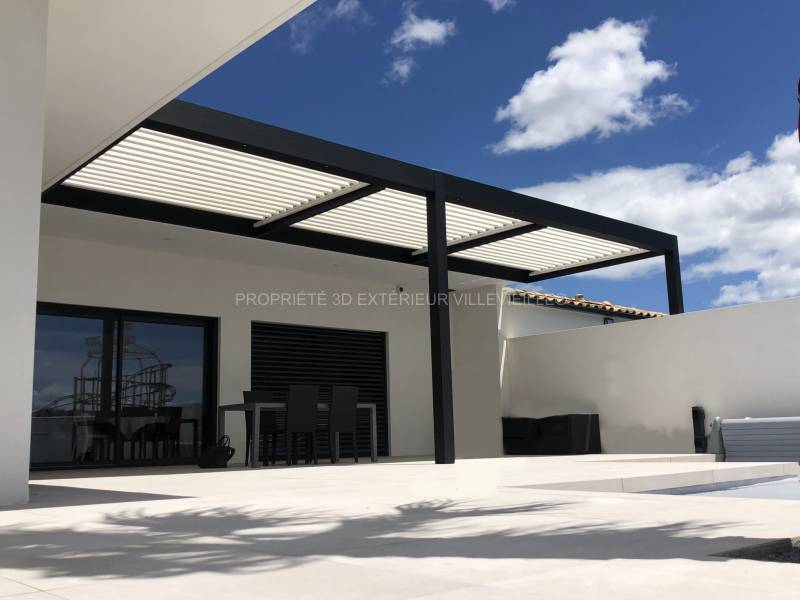 Extension d'une terrasse avec une pergola bioclimatique structure noire (9005 ST) implantée au Grau du Roi 30