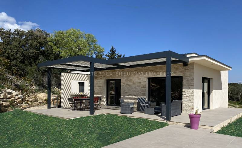 Pergola bioclimatique couleur tendance gris anthracite (Ral 7016) pour sa structure et blanc (Ral 9010) pour ses lames orientables installée à Nîmes Castanet dans le Gard (30)