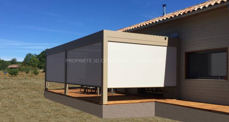 Pergola bioclimatique sur mesure adossée et autoportée couleur de la structure beige gris (Ral 1019 ST) à lames orientables motorisées installation à Lablachère dans l’Ardèche (07)
