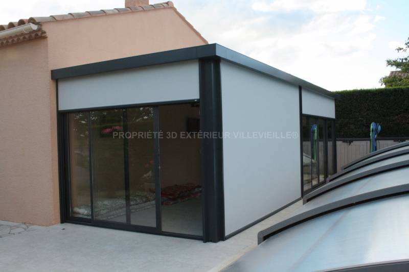 Pergola toit plat avec vitrage - 3d Extérieur - Villevieille - Gard